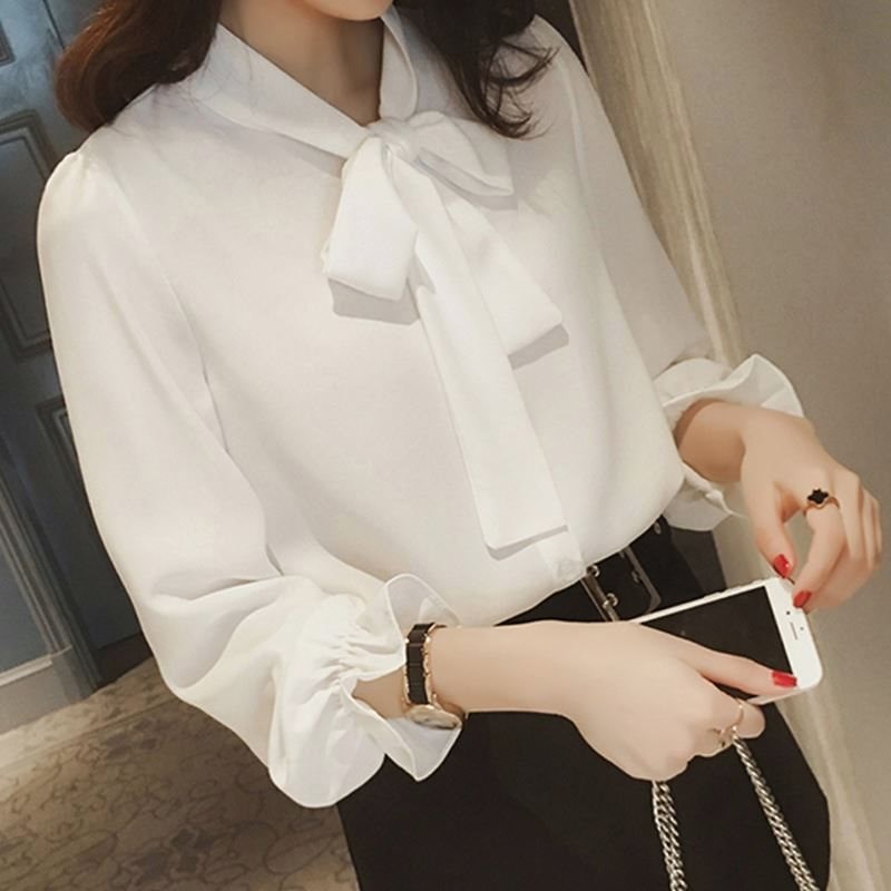 Korean Edition Versatile Easy bow jacket Frenum Chiffon shirt Long sleeve 18 Spring new pattern White shirt 34in the Women's clothing/Boutique , Shirt category - from Buy2taobao.com to provide professional Taobao agent buy service
