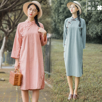 2018春新款文艺复古格子盘扣开叉改良旗袍连衣裙小香风中长款裙子