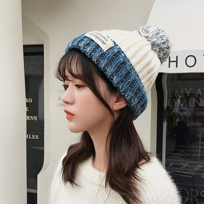 帽子女秋冬天可爱混色针织毛线帽加绒加厚休闲百搭护耳保暖套头