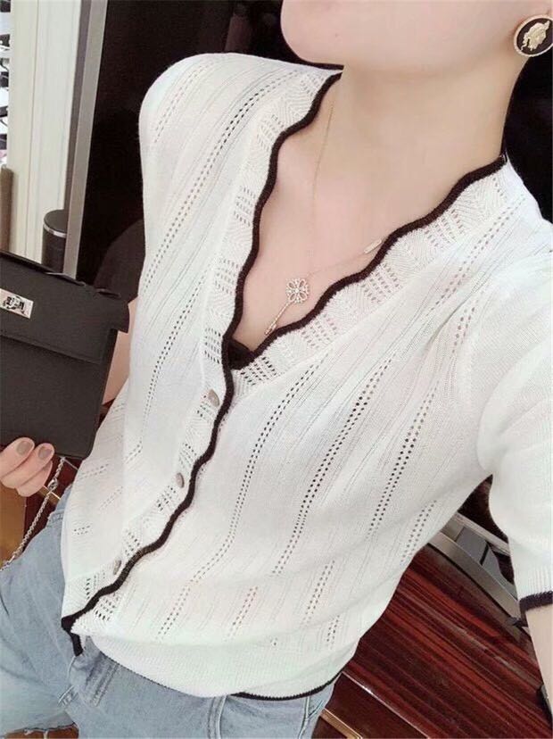 欧州站2019夏季新款欧货女装 气质V领短袖撞色波浪边冰丝外搭开衫|msdalam kategori Butik wanita / wanita, sweater bulu - dari Buy2taobao.com untuk memberikan perkhidmatan ejen Taobao profesional membeli