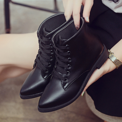 秋冬潮韩版学生女鞋平跟系带马丁靴女靴短靴尖