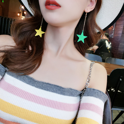 黄绿撞色不对称五角星耳环个性潮人百搭耳坠韩国气质长款耳钉女潮