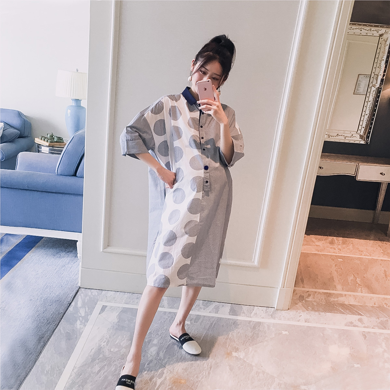 孕妇装2019春夏装新款翻领条纹圆点拼接宽松孕妇中长款衬衣连衣裙|ruв категории Всё для беременных и кормящих, материнство, платье - от Buy2taobao.com для оказания профессиональной услуги покупки агента Taobao