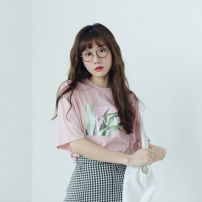 瞌睡兔定制 2018夏季日系甜美宽松 绿植印花 圆领短袖T恤女上衣