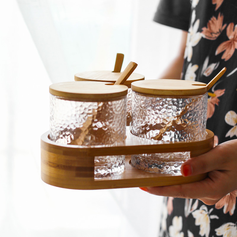 创意家用锤目纹玻璃调味罐竹木调料盒调味料瓶盐罐三件套装|msdalam kategori pinggan mangkuk, pinggan mangkuk, botol/Tank - dari Buy2taobao.com untuk memberikan perkhidmatan ejen Taobao profesional membeli