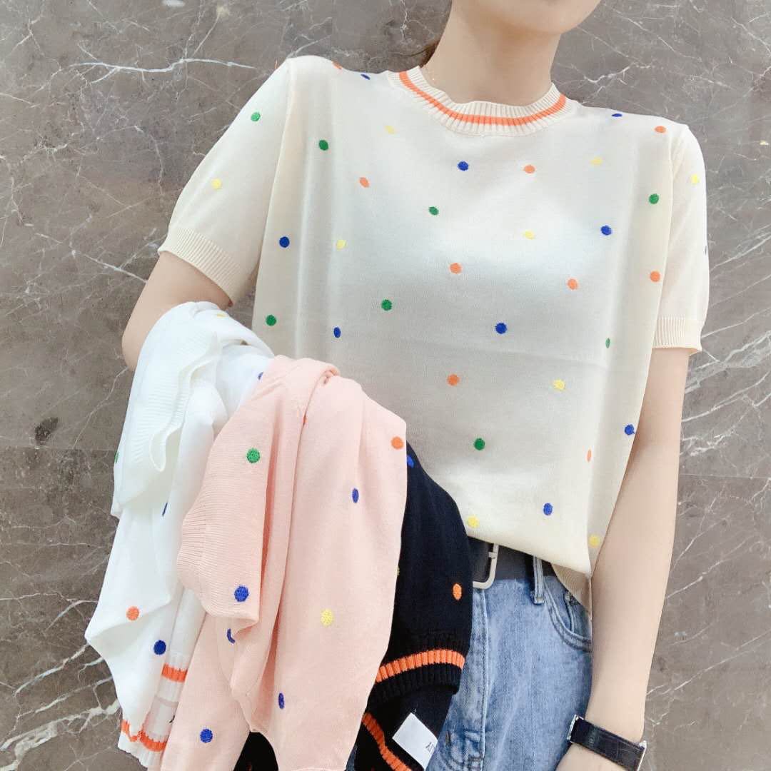 Borneol Easy Pomo Short sleeved Paint points T-shirt 2019 new pattern summer Korean Edition Trend personality knitting Base coatin the Women's clothing/Boutique , Wool sweater category - from Buy2taobao.com to provide professional Taobao agent buy service