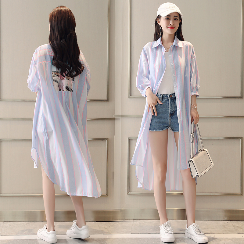 长款防晒衣2019夏季宽松雪纺衫开衫外搭女士衣服条纹薄外套防晒服在类目 女装/女士精品, 蕾丝衫/雪纺衫中 - 来自Buy2taobao.com提供专业的淘宝代购服务