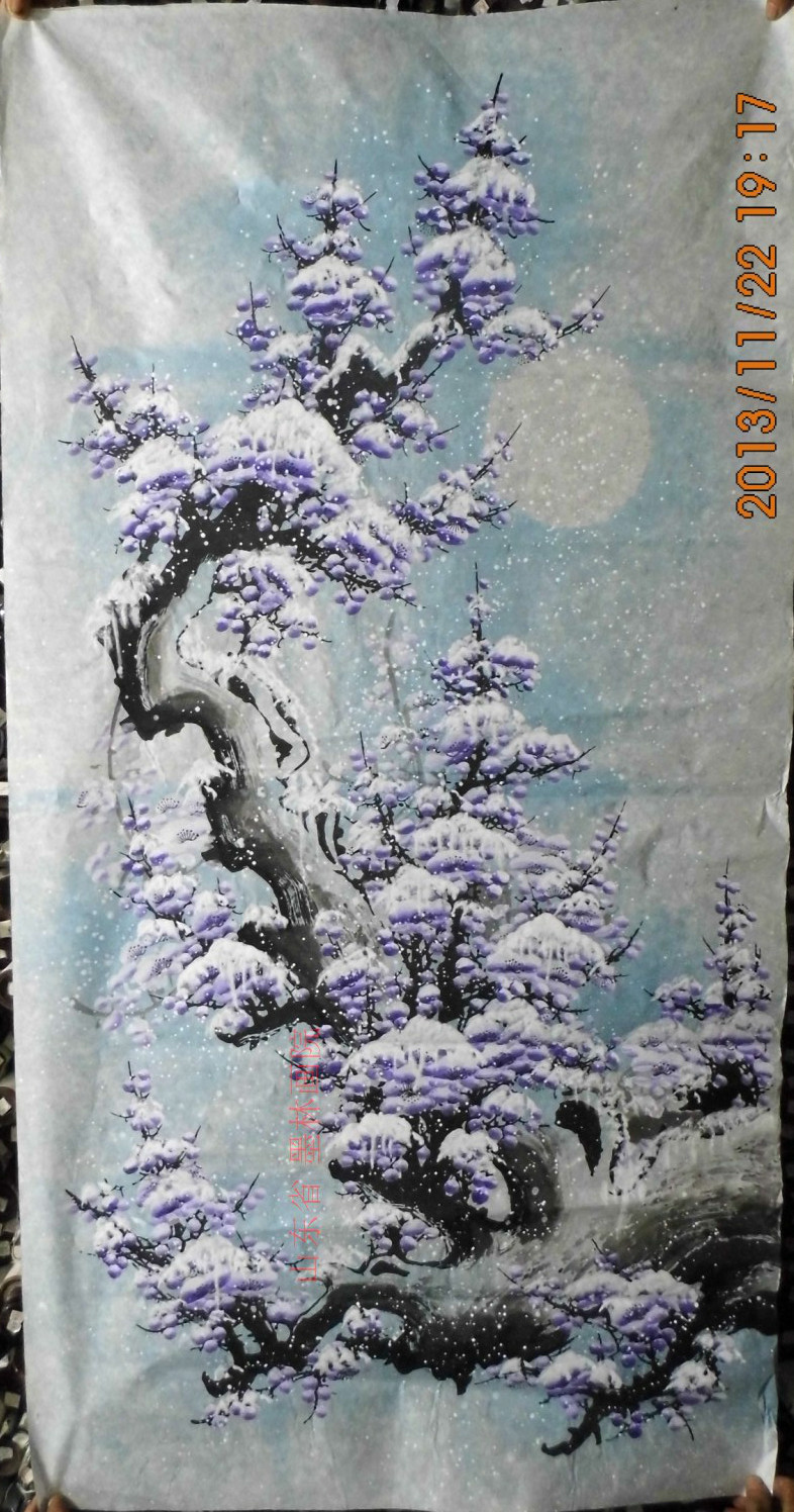 国画字画书画四尺写意花鸟画梅花紫梅雪梅月亮紫气东来傲雪迎春