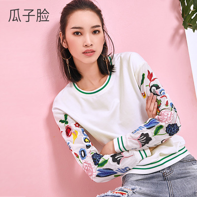瓜子脸2018春季新款拼接时尚绣花圆领加绒加厚卫衣女套头宽松女装