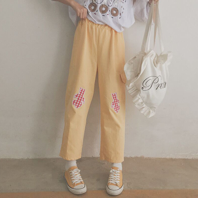 女裤春秋2019新款日系学院风小清新裤子女宽松贴布百搭休闲裤女潮