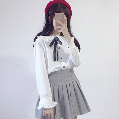 秋装女装韩版日系甜美学生蝴蝶结衬衣双层领荷叶边长袖白衬衫宽松