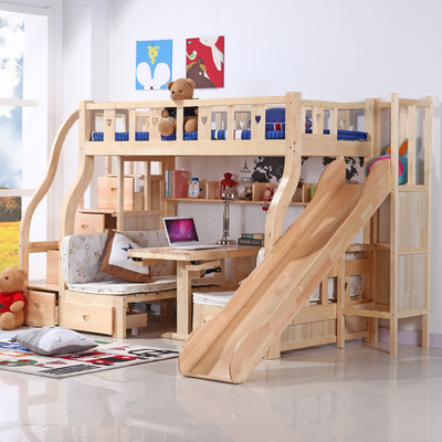 多功能 儿童滑高低床 子母滑梯床 实木双层梯柜床 上下铺带书桌床