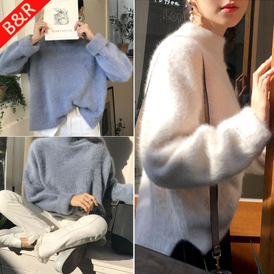2018新款秋冬韩版慵懒风毛衣女套头宽松半高领仿水貂绒针织衫加厚
