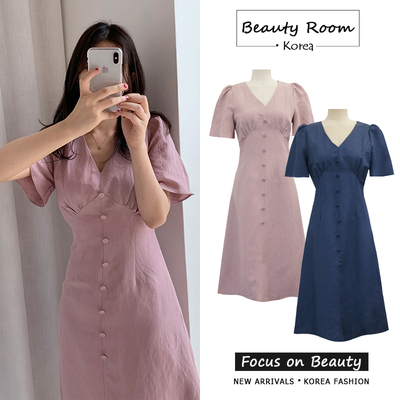 2019夏新款小清新法式小众桔梗复古气质显瘦单排扣中长款连衣裙女