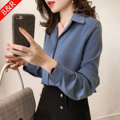 2019春韩版百搭套头时尚ol通勤气质雾霾蓝上衣女长袖宽松雪纺衬衫