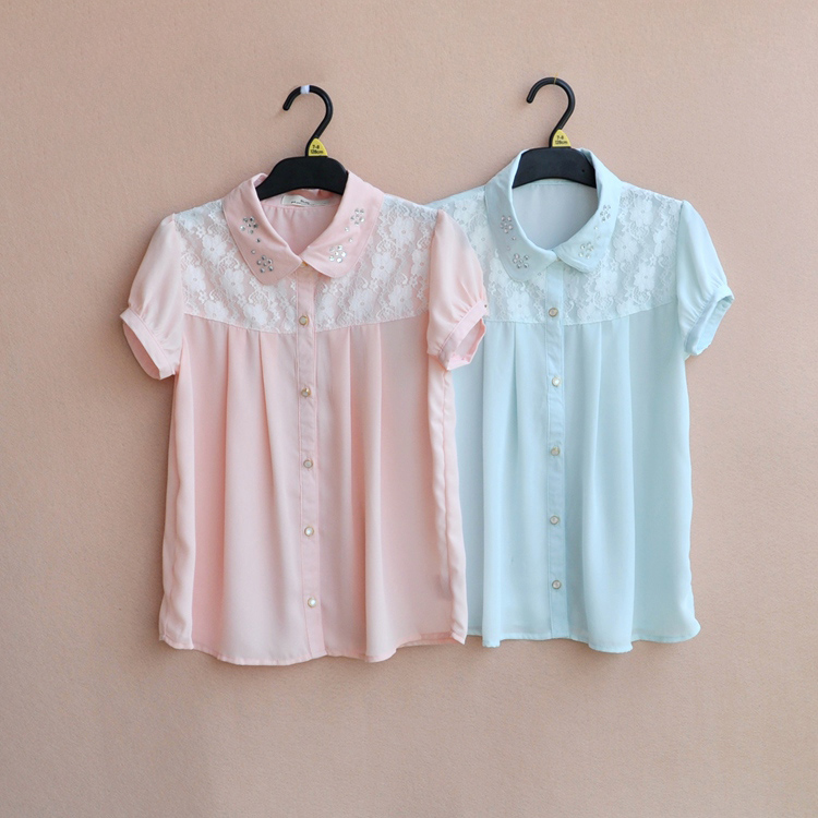 Cheap summer Children's clothing CUHK girl Lace Mosaic Chiffon shirt Hot stamping Lapel Short sleeved shirtin the Children/Baby/Family fitted , Shirt category - from Buy2taobao.com to provide professional Taobao agent buy service