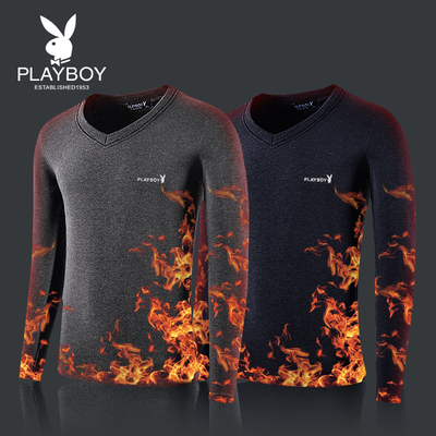 花花公子保暖内衣上衣单件男加厚加绒冬外穿打底修身纯棉长袖T恤