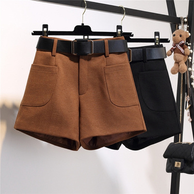 裤子女秋2018新款韩版毛呢时尚百搭休闲裤阔腿裤学生黑色外穿短裤