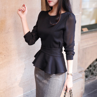 很仙的上衣 显瘦气质百搭裙摆小衫女高档收腰欧货雪纺衫 洋气秋装