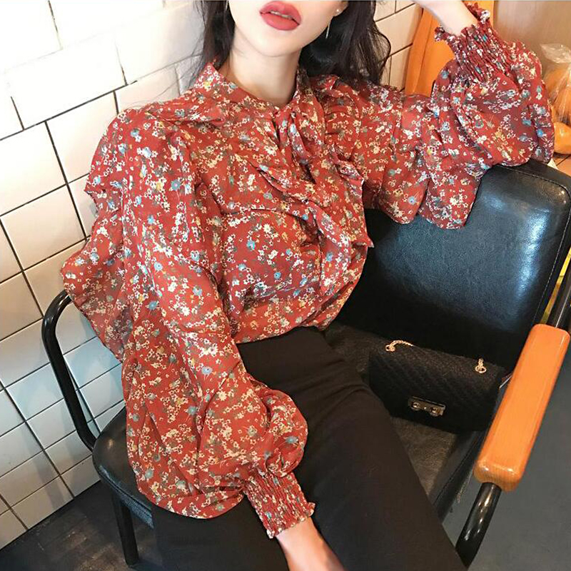 2019 Spring and summer the republic of korea Versatile Primer Blouse Red supergiant Show thin fashion temperament Chiffon shirt Broken flowers shirtin the Women's clothing/Boutique , Shirt category - from Buy2taobao.com to provide professional Taobao agent buy service