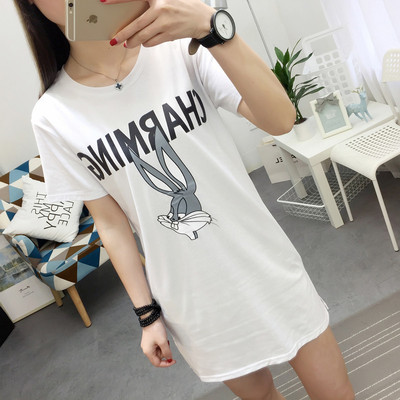 夏季韩版睡裙女生纯棉短袖睡衣可爱卡通家居服性感中长款t恤上衣