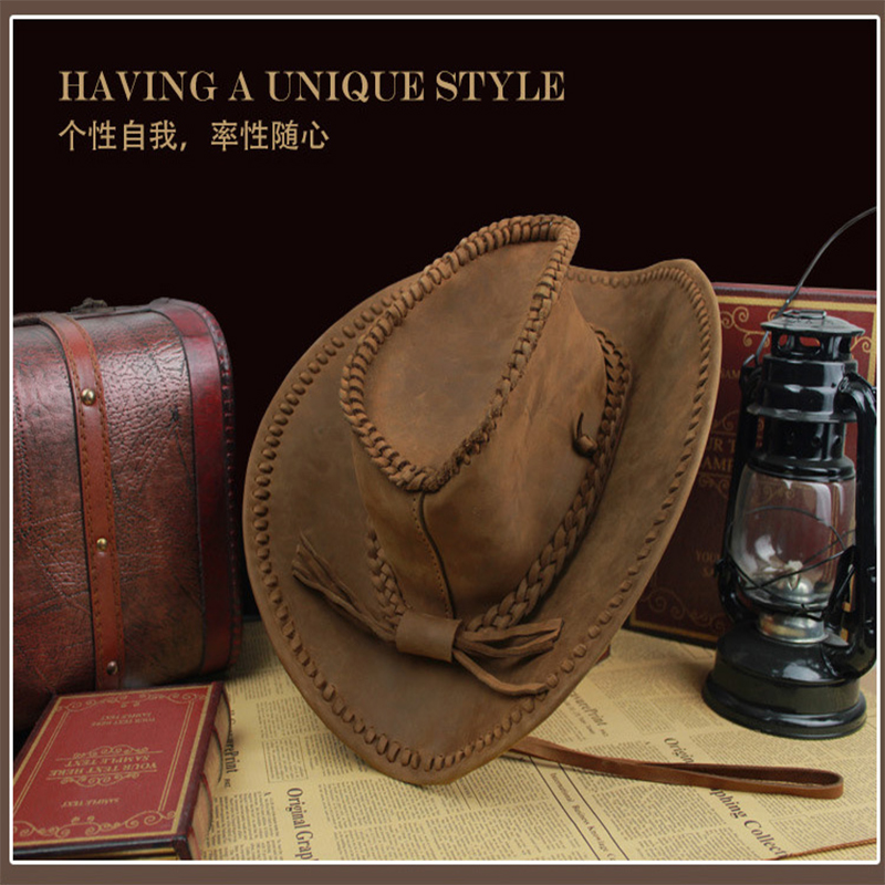 manual Original genuine leather Cowboy hat Retro The first layer cowhide Visor Pull the wind cowboy Camp lacein the Accessories/Leather belt/Hat/Muffler , Hat category - from Buy2taobao.com to provide professional Taobao agent buy service
