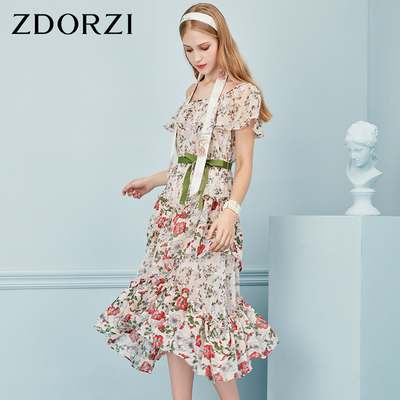 卓多姿2019夏装新款甜美碎花一字肩荷叶边雪纺连衣裙女736E149