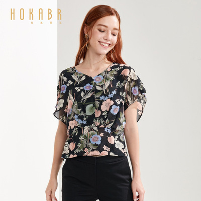 hokabr/红凯贝尔2018夏装新款韩版女装雪纺衫印花蝙蝠袖小衫上衣