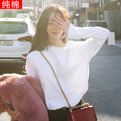 2017秋冬白色体恤女长袖宽松t恤女打底衫韩新款圆领纯棉百搭上衣