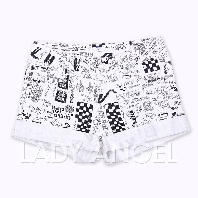 2013春季新款 韩版通勤<em>简笔</em>画图案印花卷边短