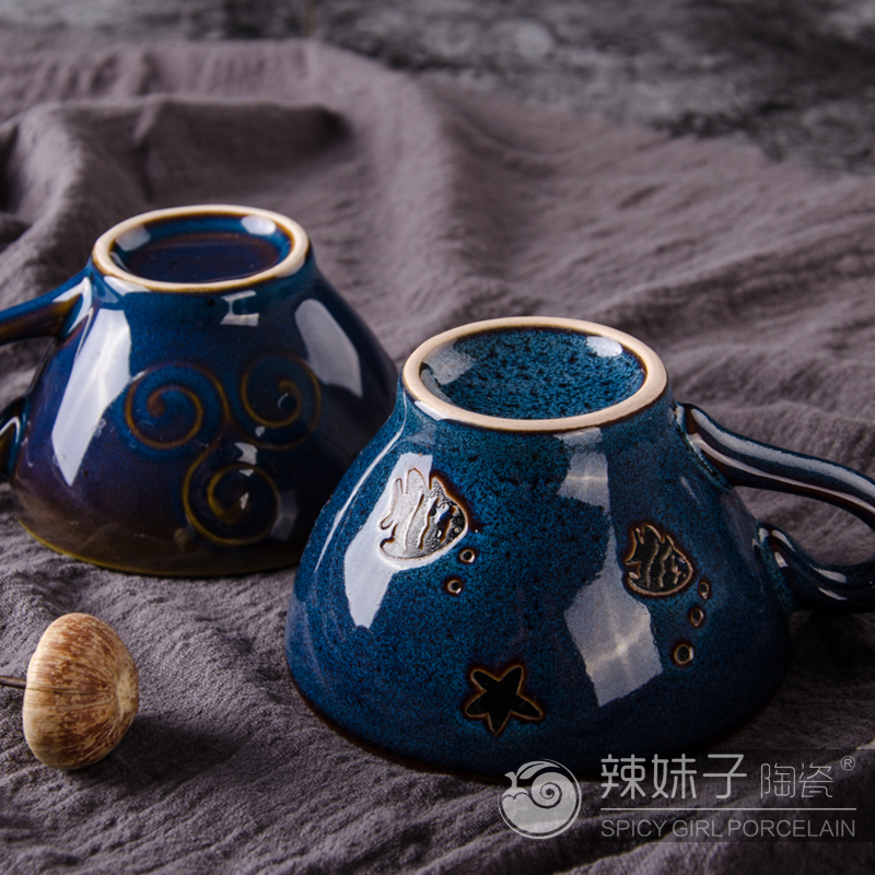 Retro Kiln transformation blue Carved flower Mug originality ceramics Mug teacup Water cup Oatmeal Tea cupin the Tableware , Coffee , Mug category - from Buy2taobao.com to provide professional Taobao agent buy service