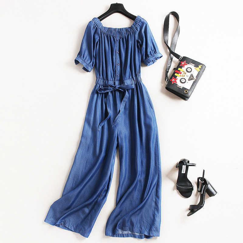 cowboy Jumpsuits 2019 new pattern Word collar strapless Korean Edition Paige Show thin Broad leg one word Jumpsuitin the Women's clothing/Boutique , Pants , Casual pants category - from Buy2taobao.com to provide professional Taobao agent buy service