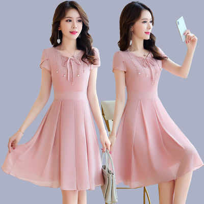 夏天修身雪纺连衣裙女装2019春夏新款韩版中长款小个子a字裙子潮