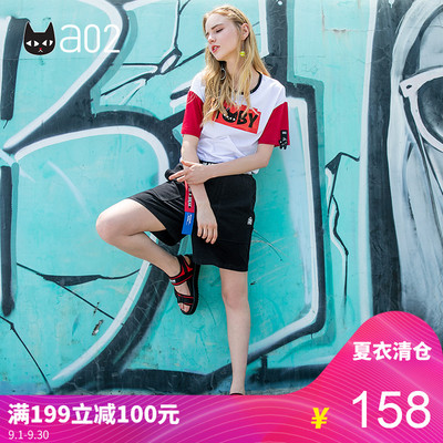 a02新款2018潮流印花拼色小黑徽章宽松短袖T恤女夏 DTT2D0071KT