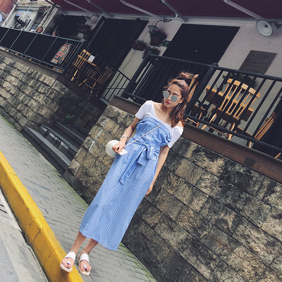 2016夏季新款蓝色条纹连衣裙女抹胸衬衫裙露