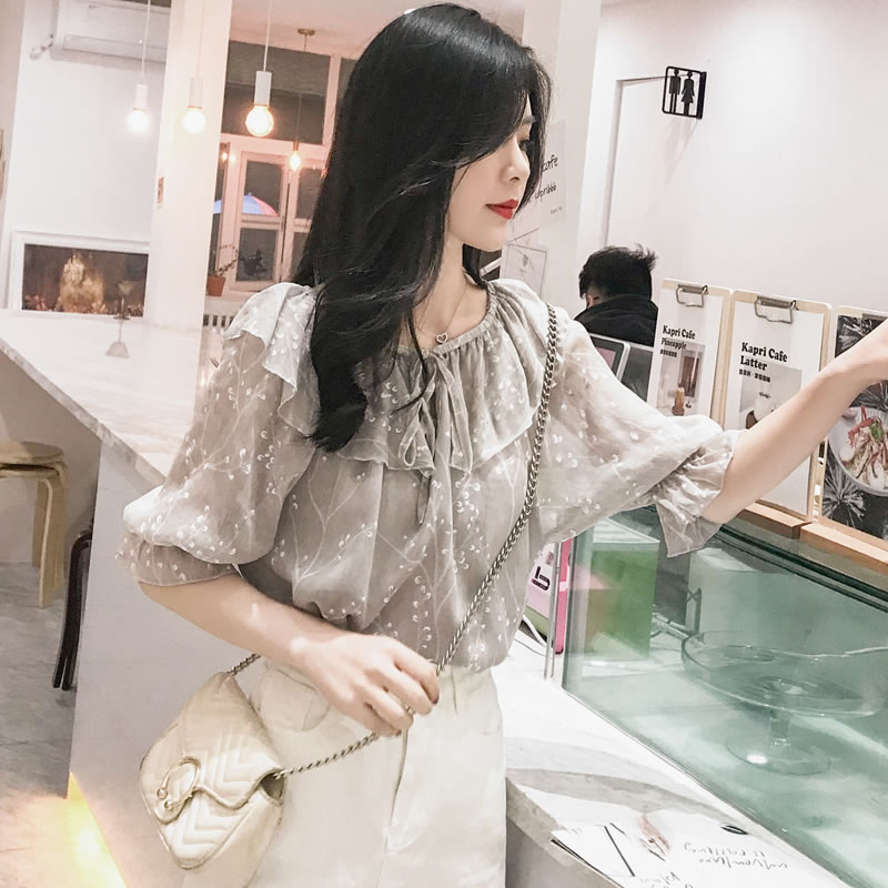 碎花雪纺衬衫女装2019新款潮夏装很仙的上衣服新品短袖超仙洋气小|ruв категории Женская одежда, кружева свитер/шифон рубашка - от Buy2taobao.com для оказания профессиональной услуги покупки агента Taobao