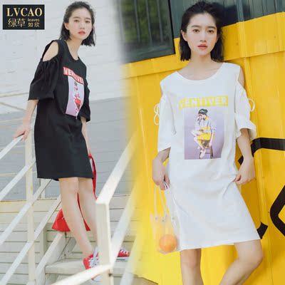 韩版学生露肩系带印花T恤裙ins半袖t恤女中长款短袖韩范连衣裙潮