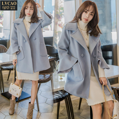 喇叭袖纯色学院风显瘦毛呢外套女春秋韩版呢子大衣中长款秋冬款潮