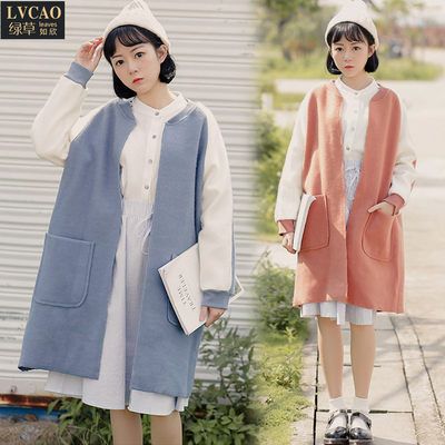 拼色宽松中长款女生外套女韩版学生秋季原宿毛呢大衣毛呢棒球服潮