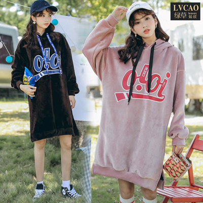 戴帽印花开叉宽松卫衣裙秋2017新款韩版毛绒绒小清新卫衣女学院冬