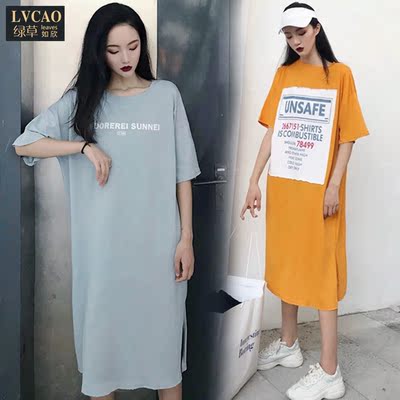 韩版正反穿印花开叉t恤裙长款过膝宽松长版短袖女t恤中长款连衣裙