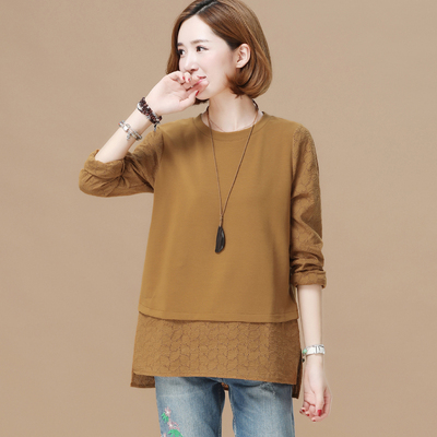 九月陌墨 2017秋季新款女装假两件镂空刺绣拼接T恤 休闲显瘦上衣