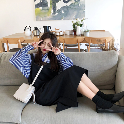 A7seven 复古棉麻学生背带裙女2018春季韩版宽松中长款无袖连衣裙