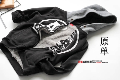 欧美男童珊瑚绒外套2017秋冬新款黑色字母帽衫中大童加厚保暖上衣