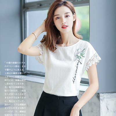 刺绣t恤女短袖白色上衣2018夏装新款圆领宽松拼接花边蕾丝袖体恤