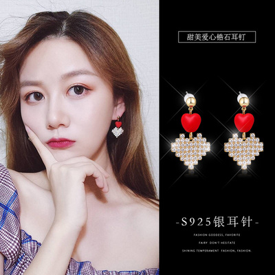 韩国甜美爱心耳环女气质个性锆石耳坠简约百搭小清新耳饰纯银耳钉