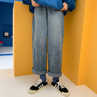 馨帮帮 韩版港味复古bf风休闲高腰学生宽松直筒阔腿裤牛仔裤女潮