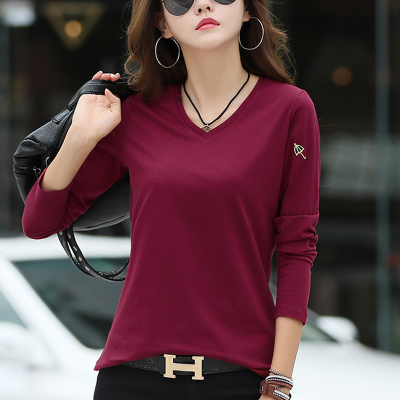 2件69元】2019秋冬新款V领内外穿加厚打底衫女长袖百搭T恤上衣服