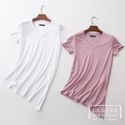 PT80409 简约百搭款！18夏新款 百搭修身不规则下摆T恤短袖上衣女