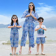 亲子装裙裤夏季一家三口四口海边度假拍照宽松沙滩连衣裙全家套装
